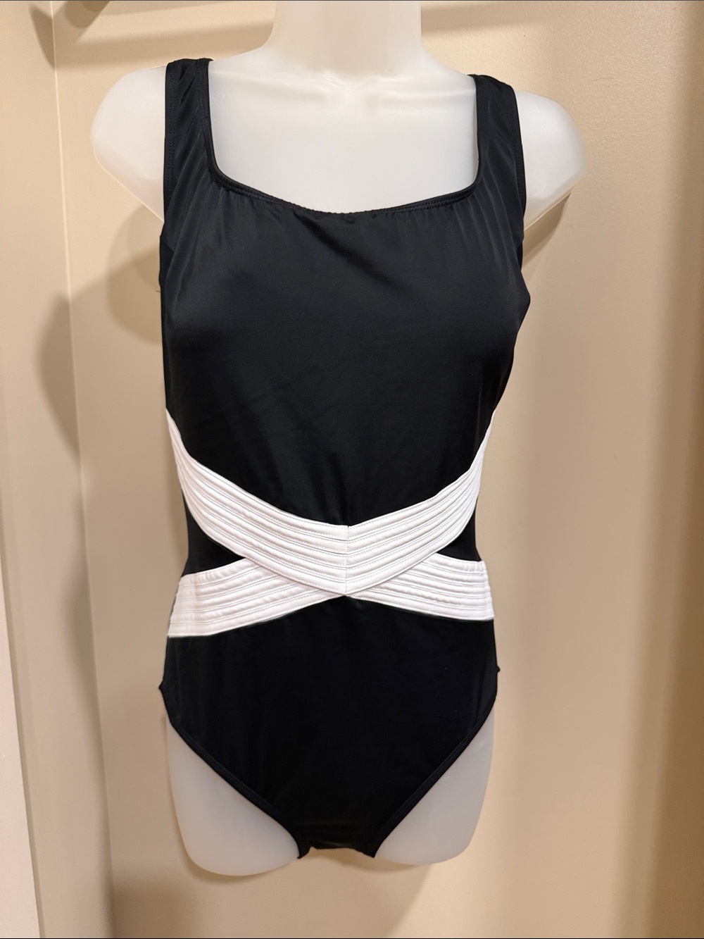 Inches Away Sz 16 Black One-Piece Swimsuit with White Crisscross Waistband